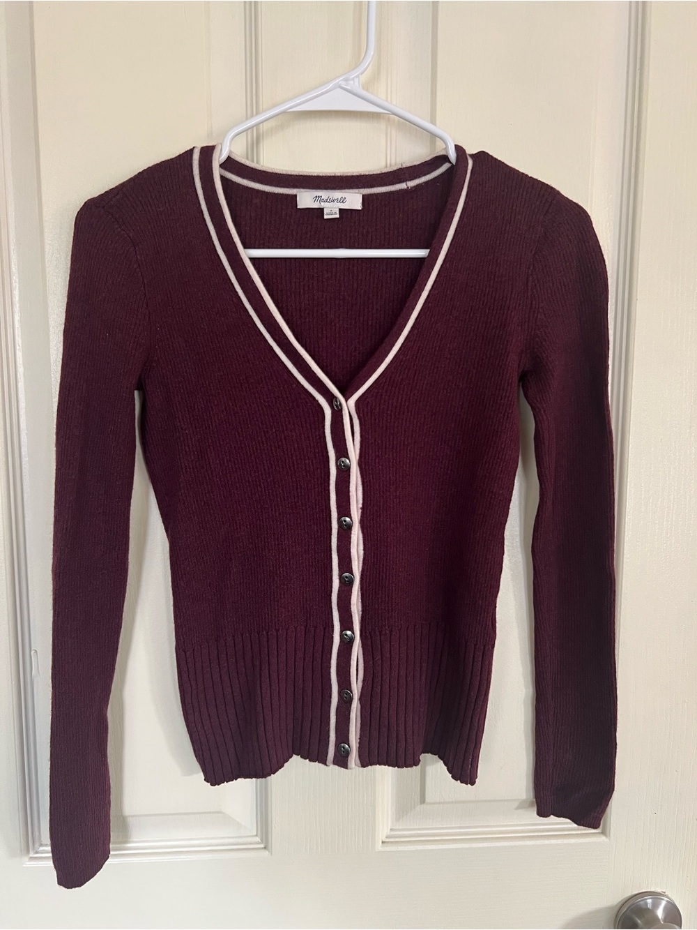 Madewell Merino Wool Silk Burgundy Contrast Trim Cardigan Size S